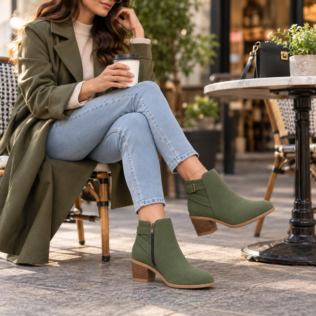 Buckle & Block – Slanted Buckle Side-Zip Ankle Boots