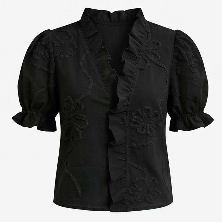 Belvera™ Romantic Ruffled V-Neck Blouse with Puff Sleeves