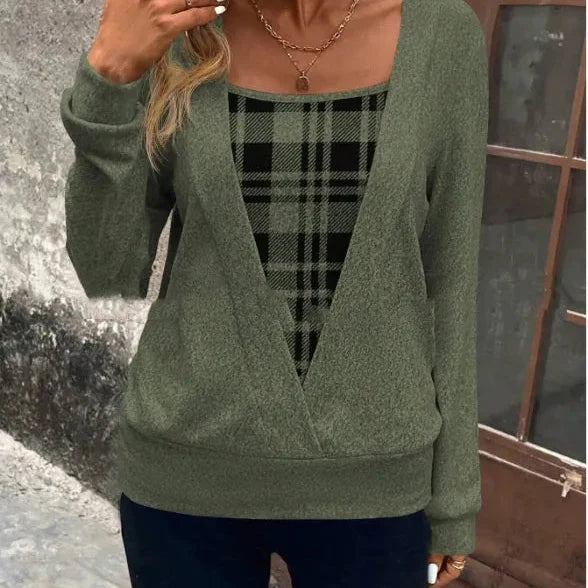 Layerlyn – Layer Plaid Panel Knit Top