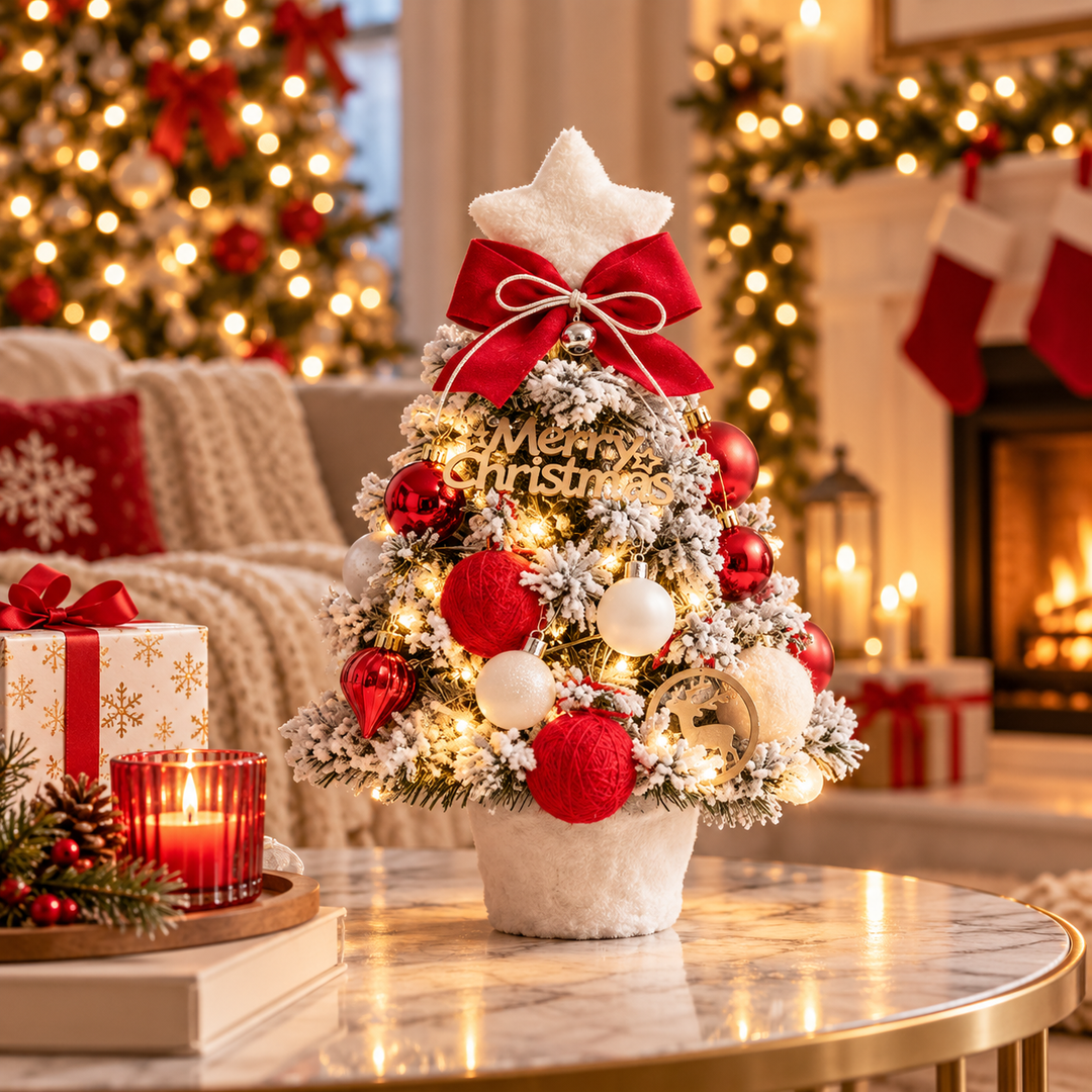 Everpine – Pre-Decorated Snow-Flocked Tabletop Christmas Tree