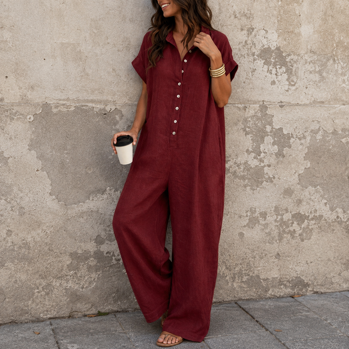 Fauxmalwear – Wide-Leg Button-Front Shirt Collar Jumpsuit
