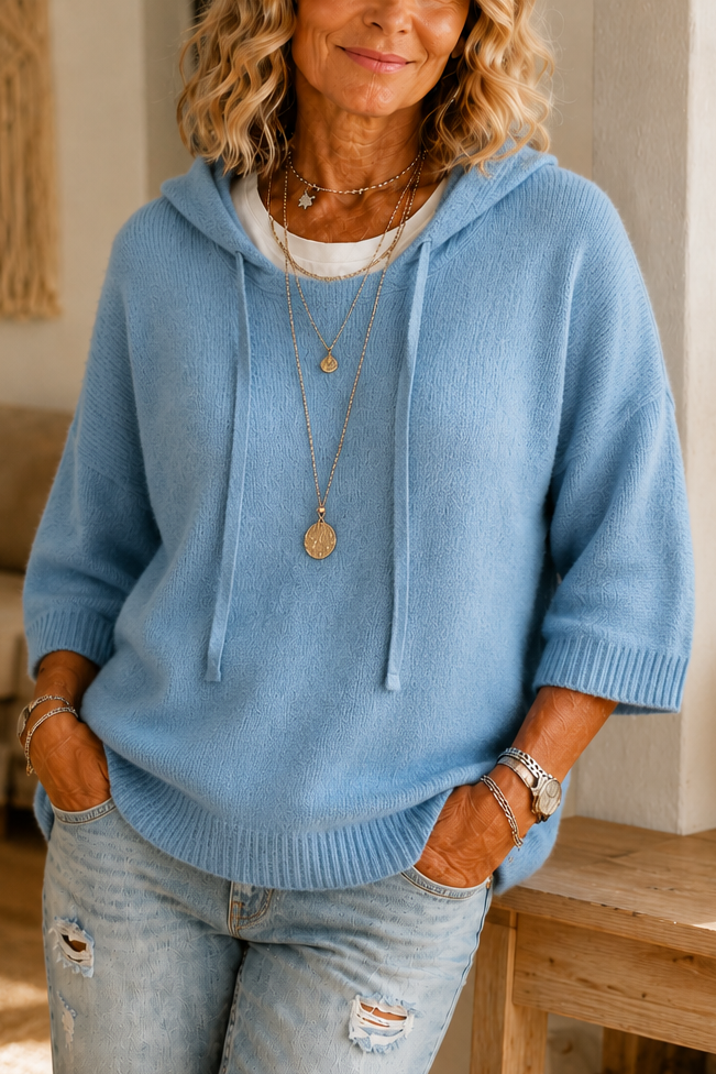 Loungel – Distressed Open-Knit Drawstring Hoodie