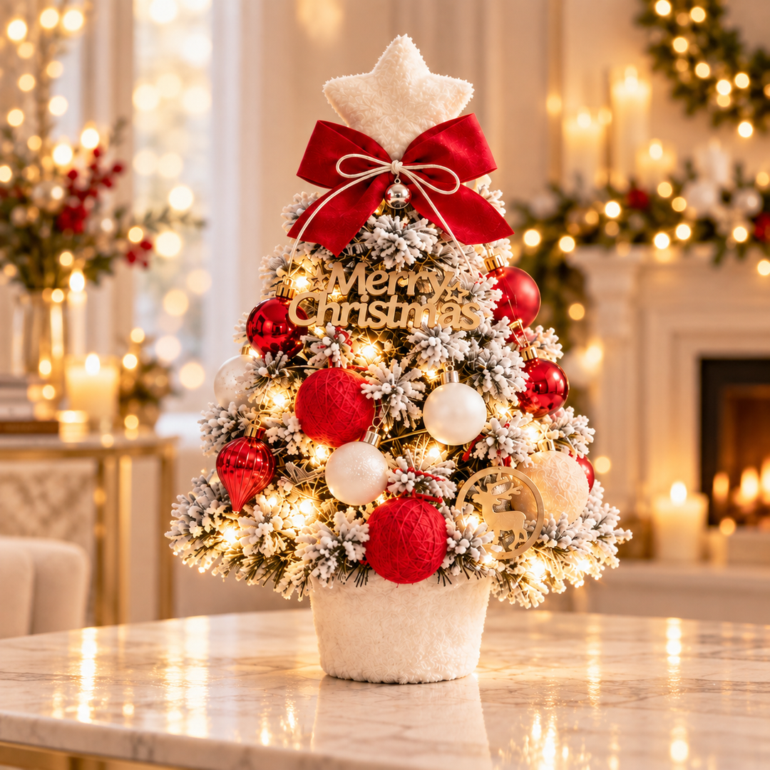 Everpine – Pre-Decorated Snow-Flocked Tabletop Christmas Tree