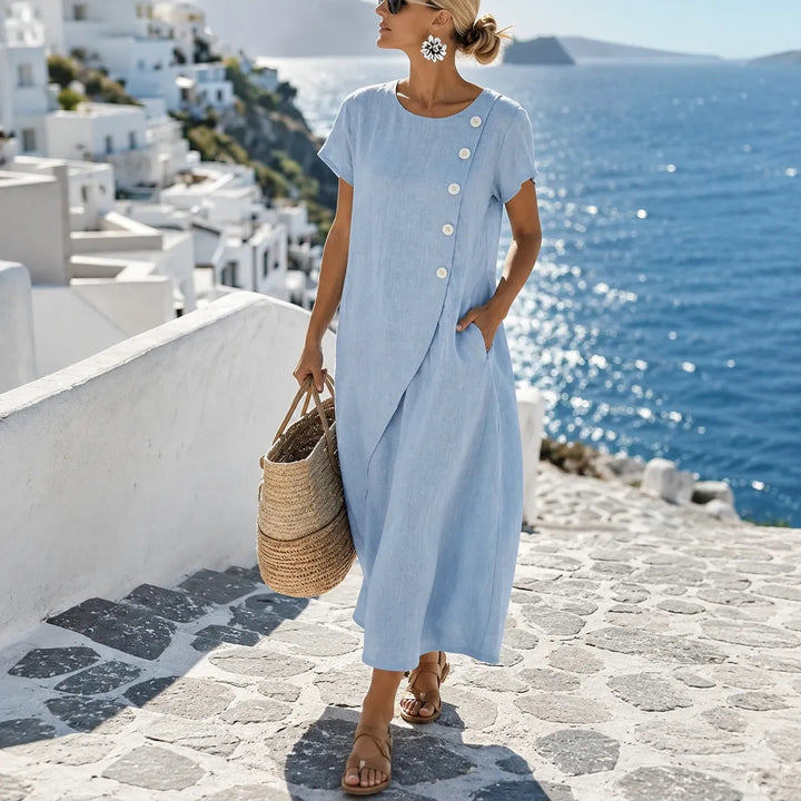 Sumlor – Asymmetric Button Midi Dress with Pockets for Summer