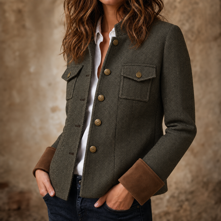 Herrivé – Contrast-Trim Herringbone Structured Blazer