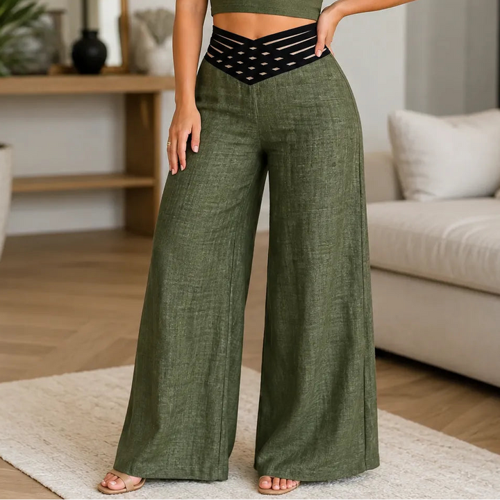 Vélane – High-Waisted Wide-Leg Pants with Cross-Strap V-Waist