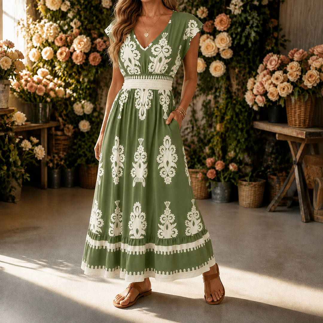 Osyrel – Women's Damask Print Midi Dress with V-Neck