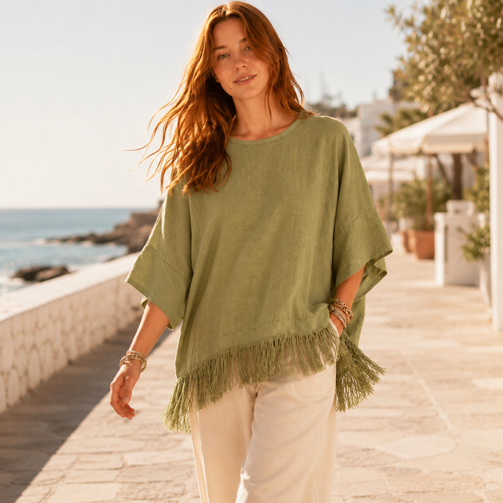 Wovelle – Fringed Hem Boxy Drop-Shoulder Blouse