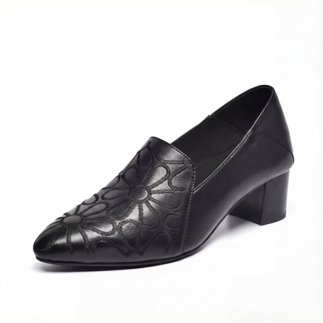 Floressa™ – Embroidered Leather Pumps with Cushioned Heel