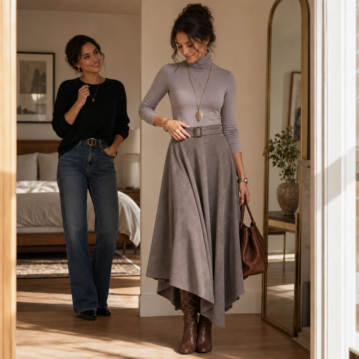 Sienna Fold – Asymmetrical Pleated Faux-Suede Skirt Set