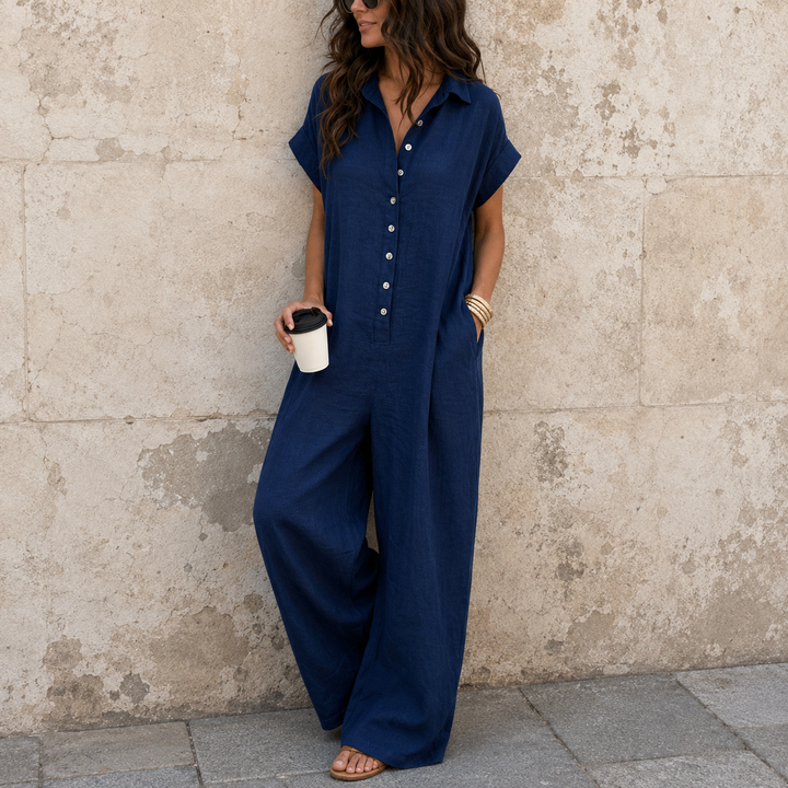 Fauxmalwear – Wide-Leg Button-Front Shirt Collar Jumpsuit