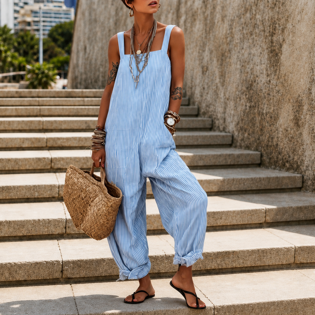 Wearbella – Striped Adjustable Strap High-Waist Jumpsuit