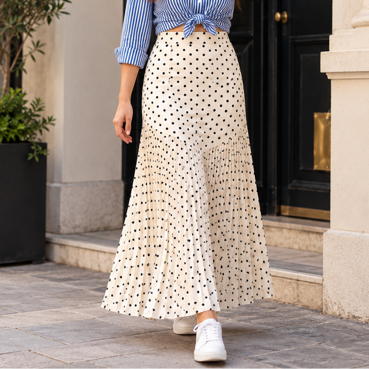 Wearbella – Polka Dot Pleated A-Line Midi Skirt