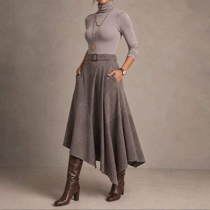 Sienna Fold – Asymmetrical Pleated Faux-Suede Skirt Set