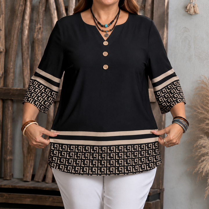 Vivelyn – Contrast Trim Button-Front V-Neck Top