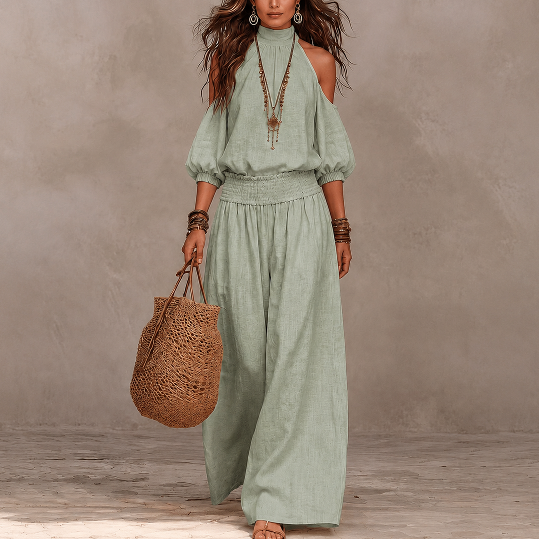 Driftbloom – Cold Shoulder Wide Leg Pants Set