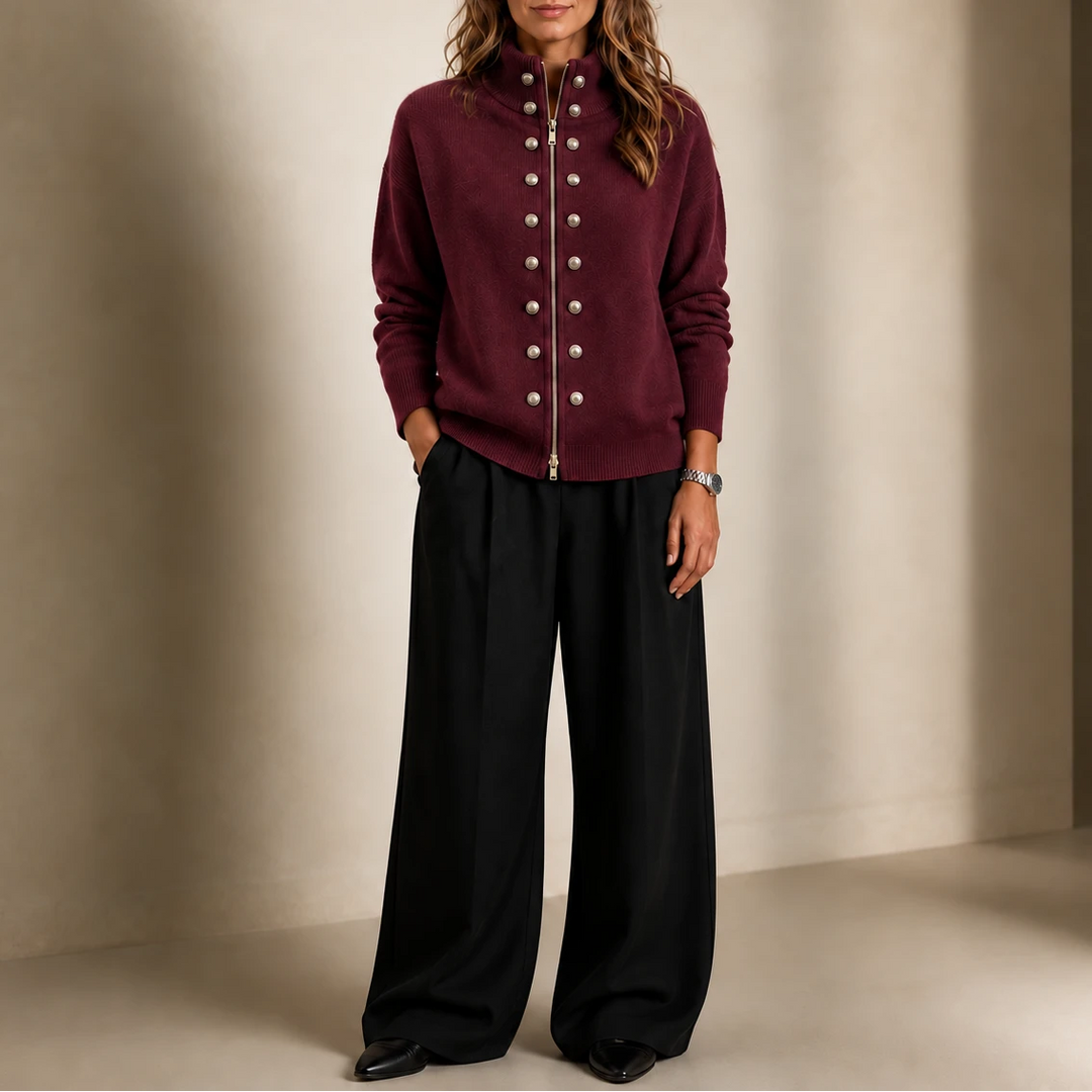 Plot Twist – Double-Button High-Neck Knit Cardigan