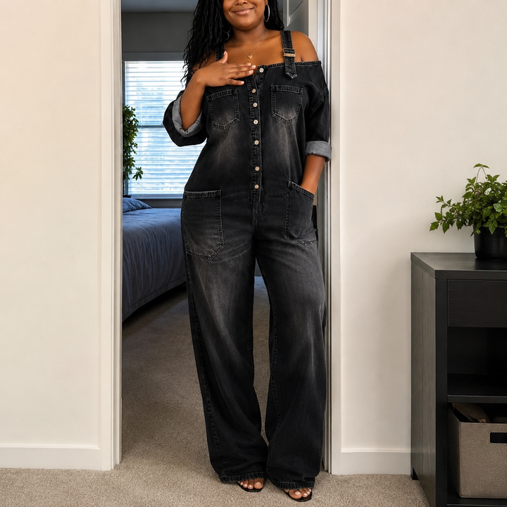 Wearbella – Wide-Leg Cold-Shoulder Denim Overall Jumpsuit