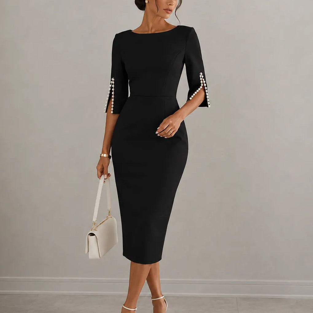 Elarosa – Pearl-like Sleeve Slim Fit Pencil Midi Dress