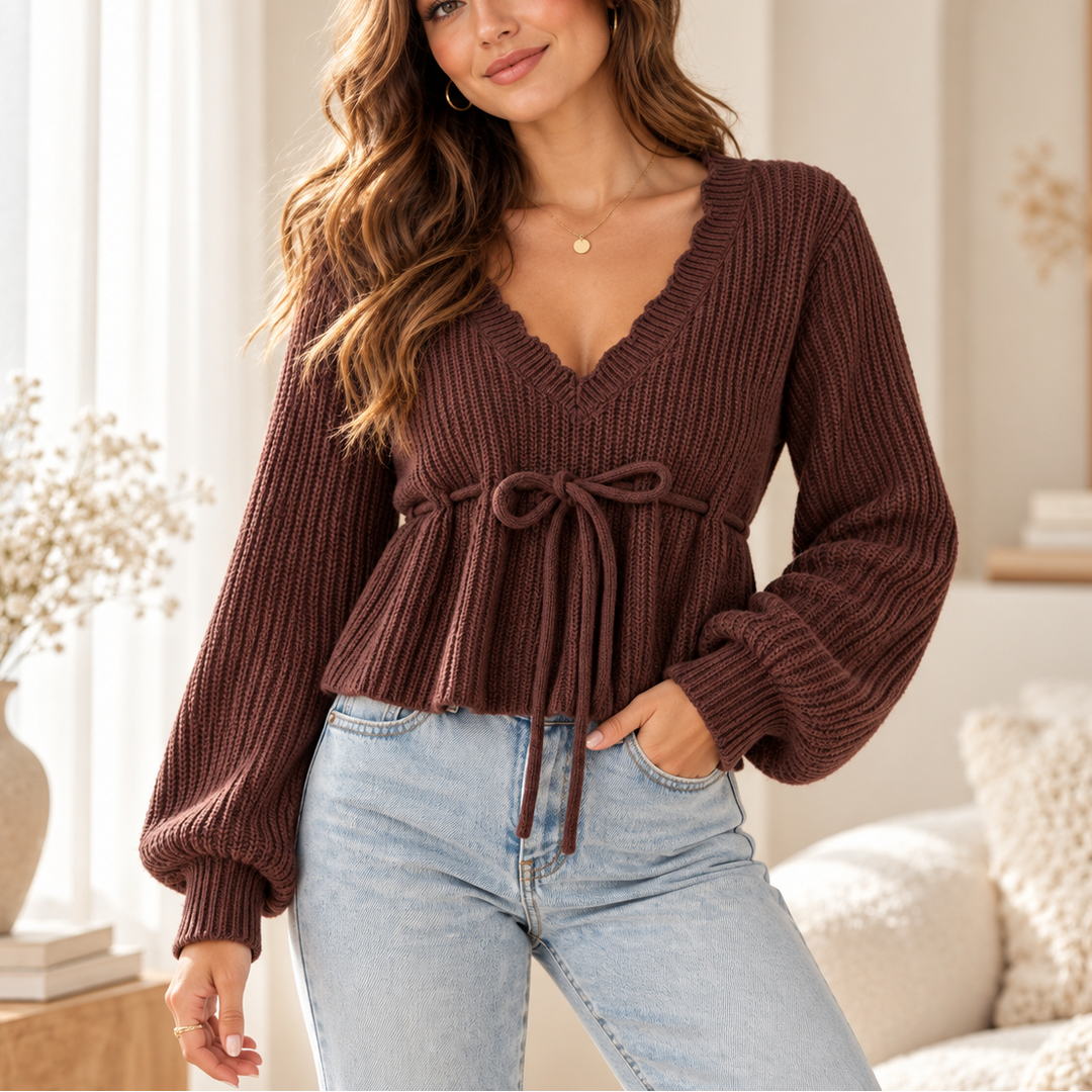 Vela Knit – Ribbed V-Neck Drawstring Sweater