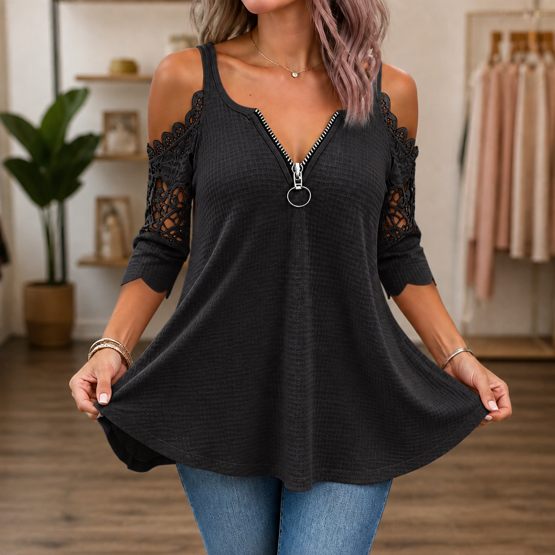 Wearbella – Cold-Shoulder Lace-look Sleeve Zip-Back Top