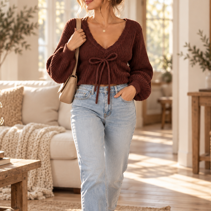 Vela Knit – Ribbed V-Neck Drawstring Sweater