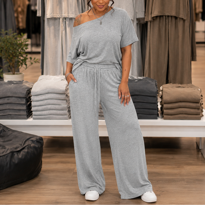Draperline – Off-Shoulder Asymmetrical Top And Wide-Leg Pants Set