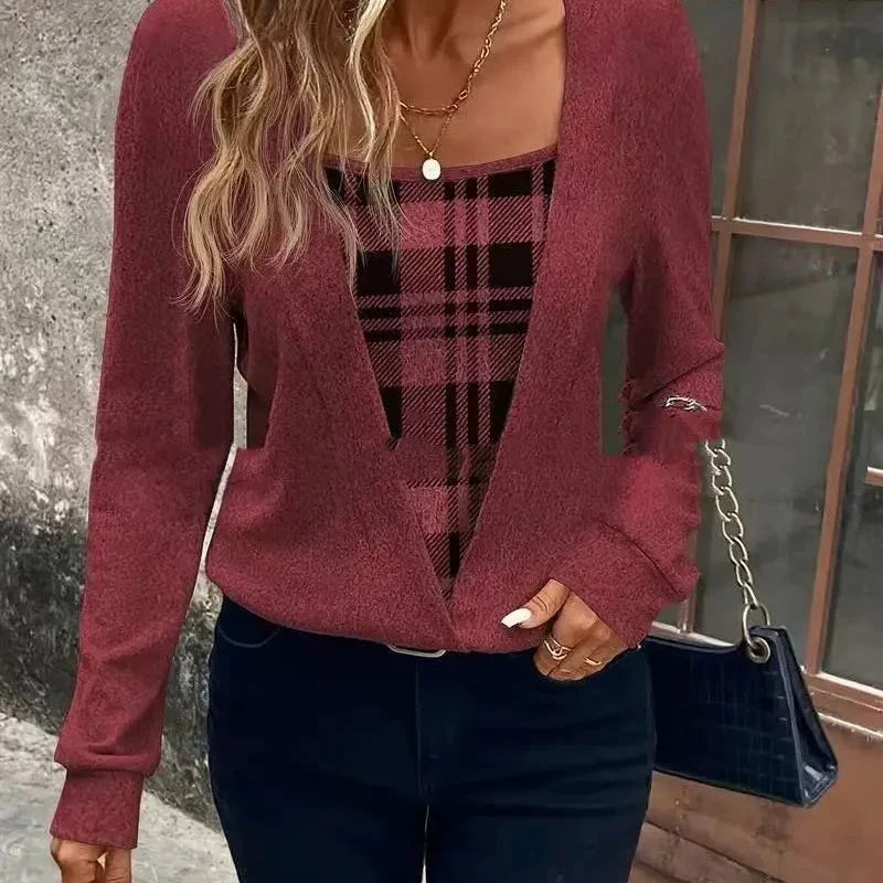 Layerlyn – Layer Plaid Panel Knit Top