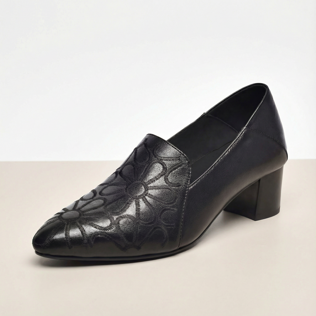 Floressa™ – Embroidered Leather Pumps with Cushioned Heel