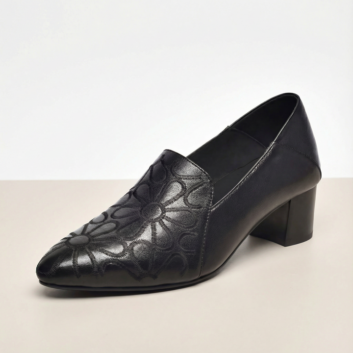 Floressa™ – Embroidered Leather Pumps with Cushioned Heel