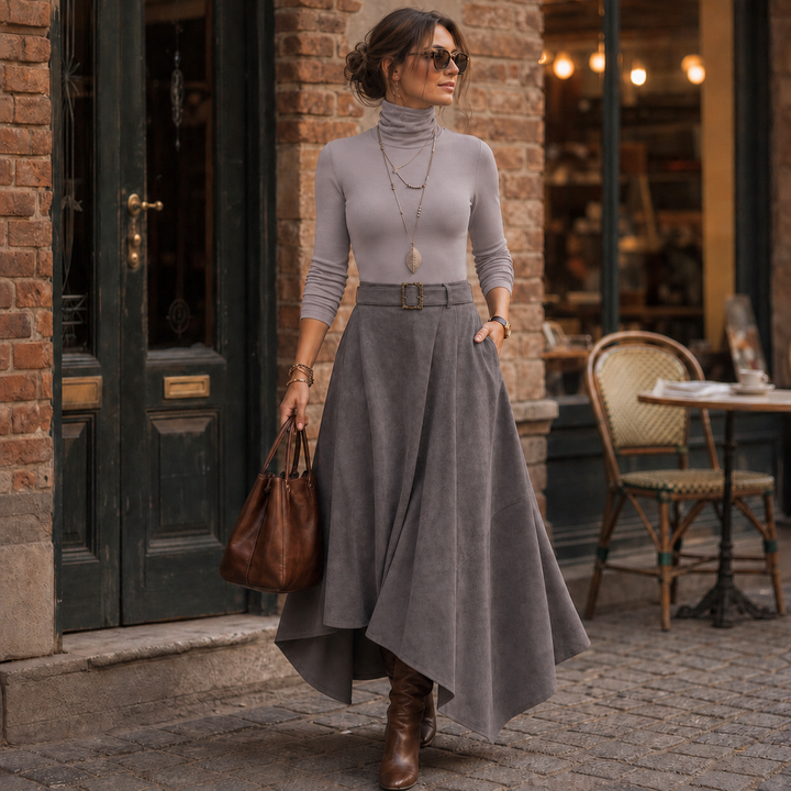 Sienna Fold – Asymmetrical Pleated Faux-Suede Skirt Set