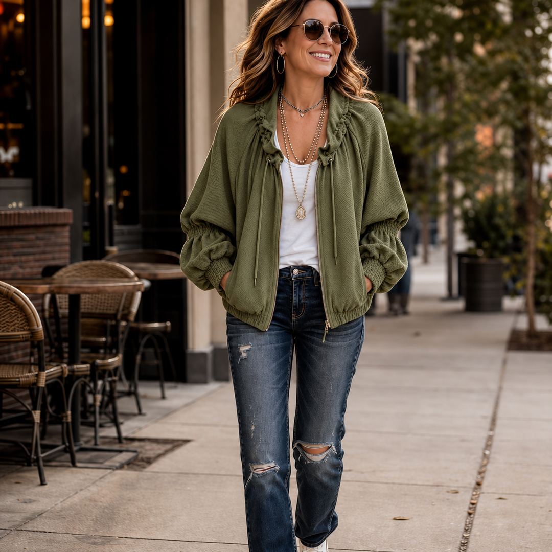 Wearbella – Textured Batwing Drawstring Collar Zip Jacket