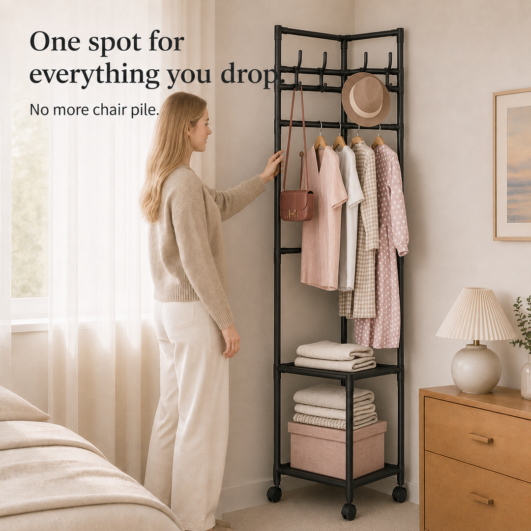 Nookstand – Space-Saving Garment Rack With Shelf And Hooks