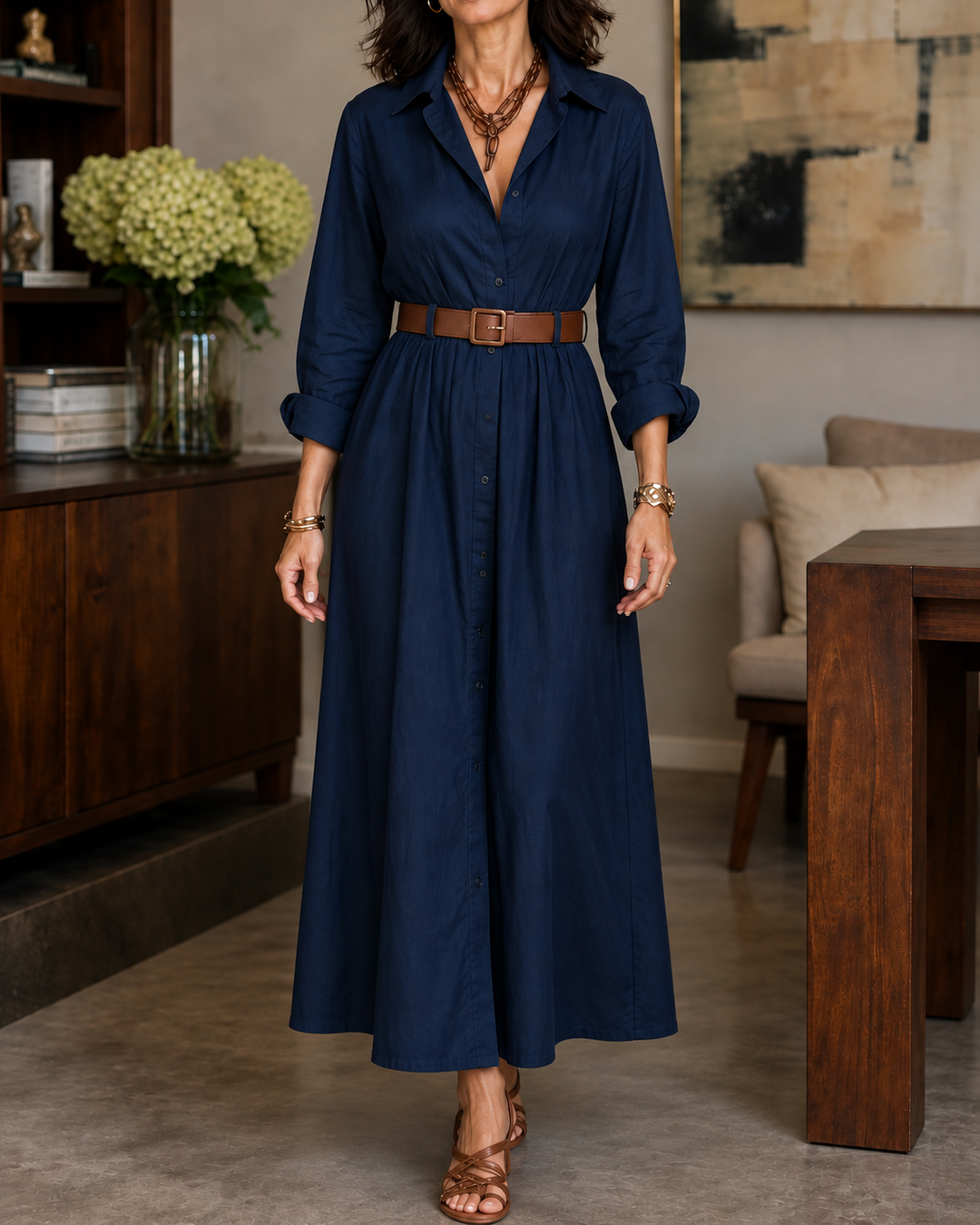 Belveil – Belted Collared Long-Sleeve Maxi Shirt Dress – Lark & Clover