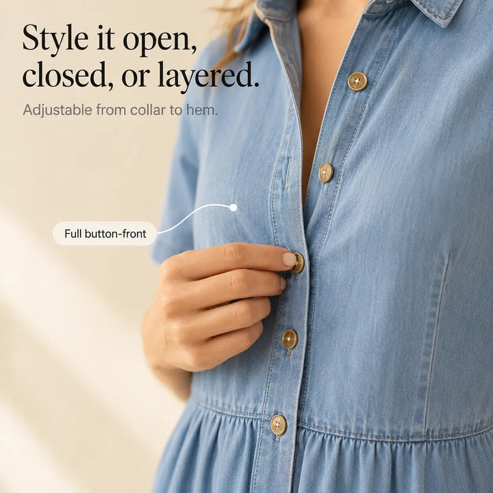 Soléa – Women's Shirt Dress with Pockets, A-Line Midi, Soft Cotton, Button Down