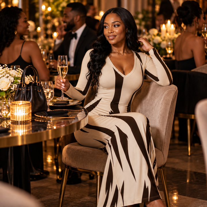 Vivelyn – Printed Long-Sleeve Bodycon Maxi Dress