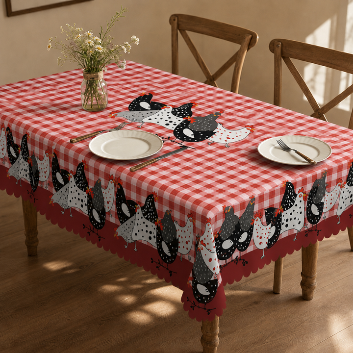Hearthmark – Scalloped Lace-Edge Plaid Rooster Tablecloth