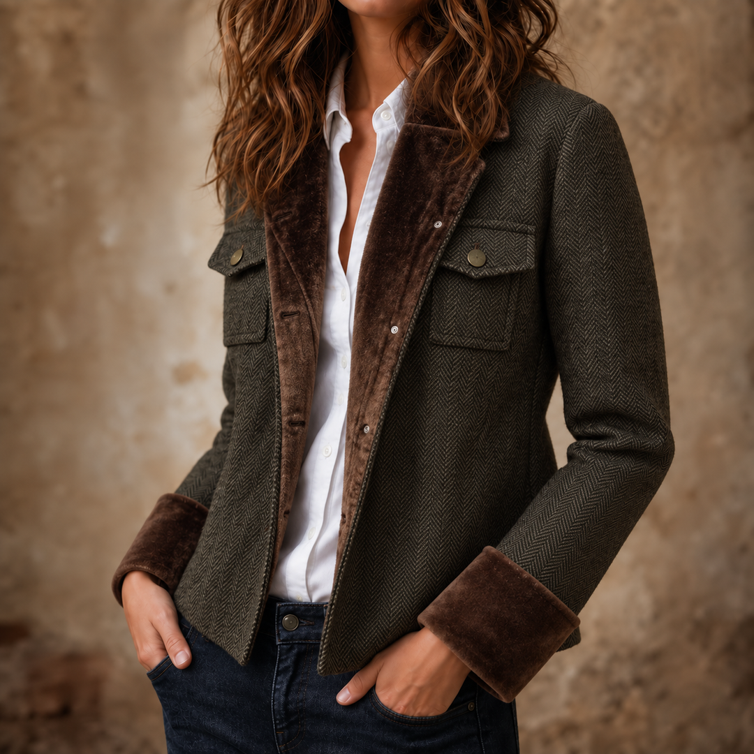 Herrivé – Contrast-Trim Herringbone Structured Blazer