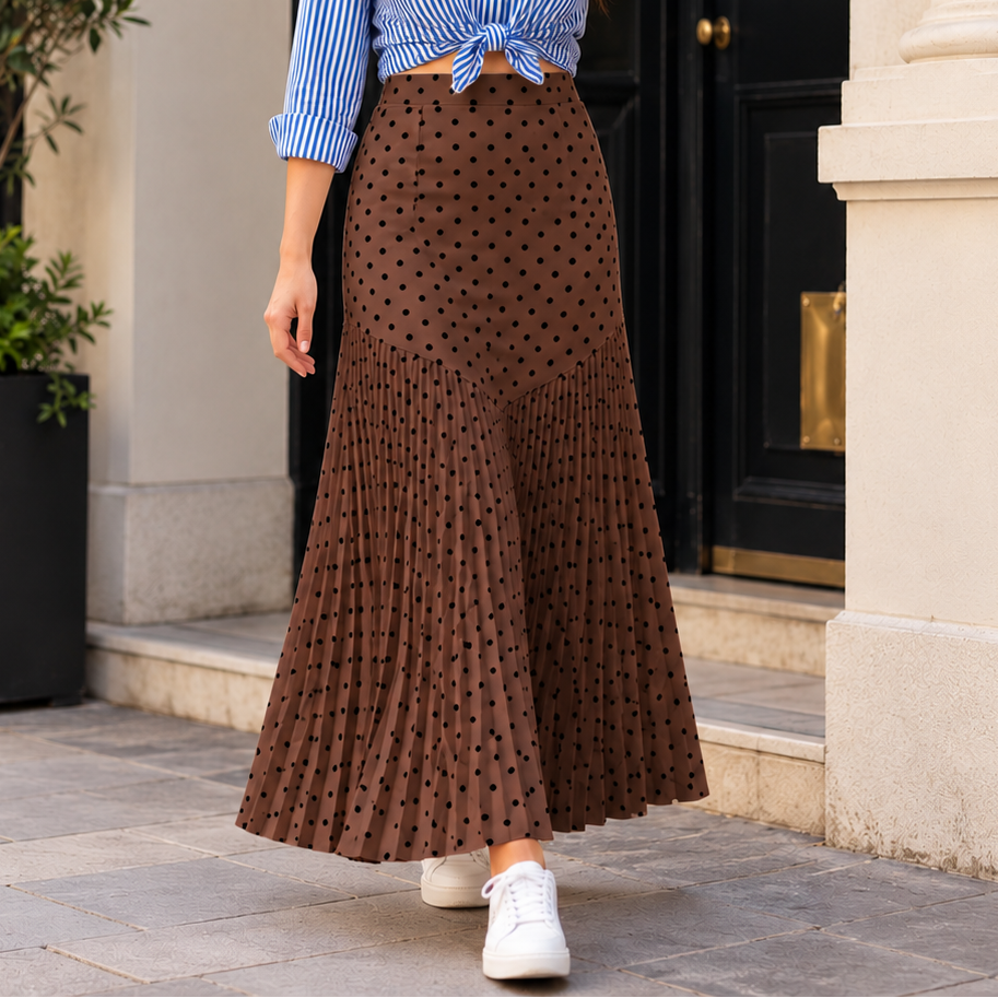 Wearbella – Polka Dot Pleated A-Line Midi Skirt