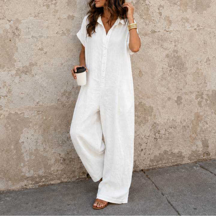 Fauxmalwear – Wide-Leg Button-Front Shirt Collar Jumpsuit