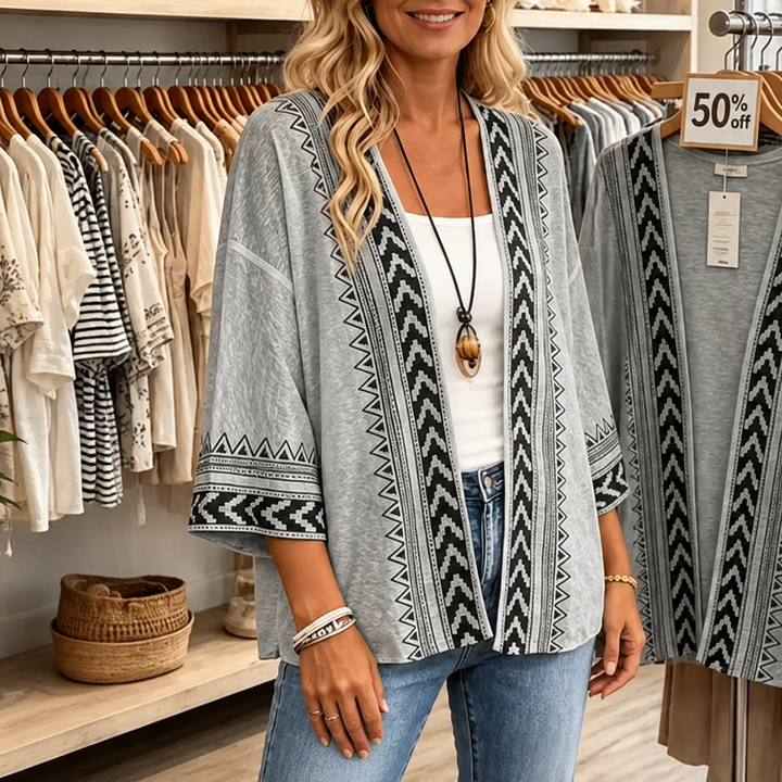 Wearbella – Retro Geometric Print Open-Front Cardigan