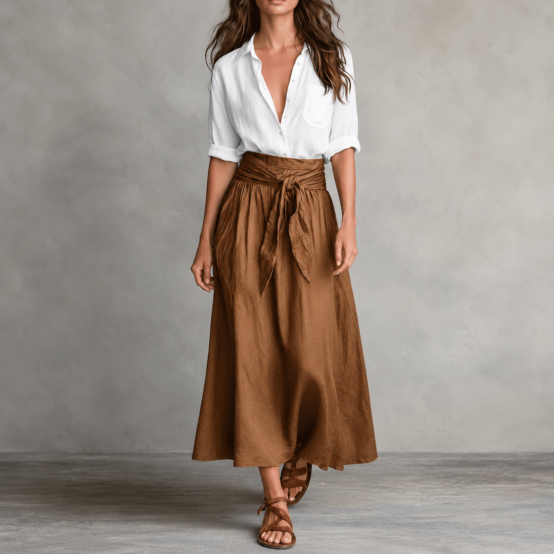 Olive & Onyx – Button Shirt And Tie-Waist Midi Skirt Set