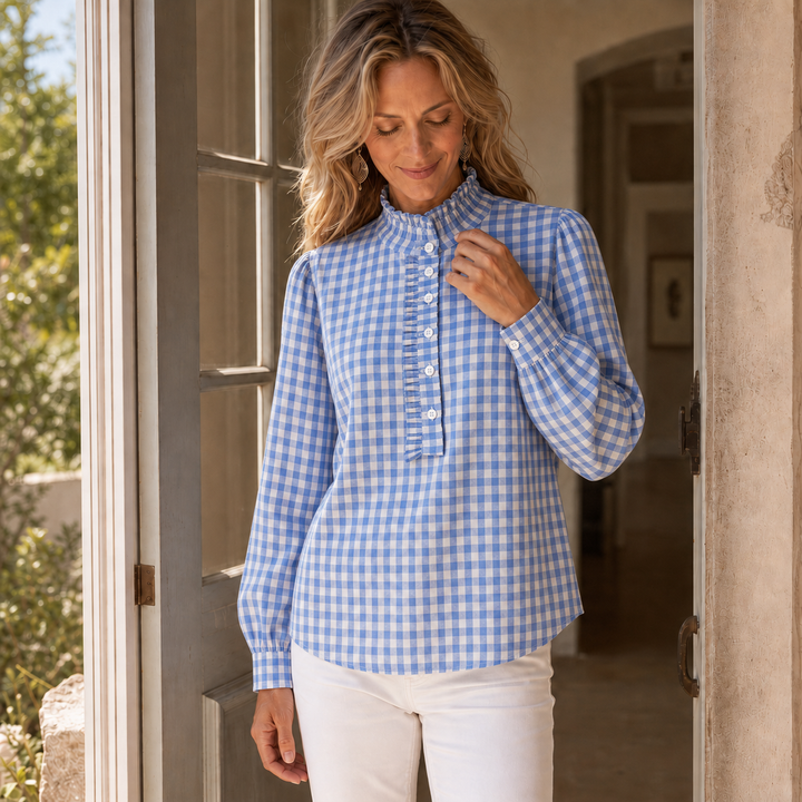 Larkspur – Ruffle Collar Gingham Placket Blouse
