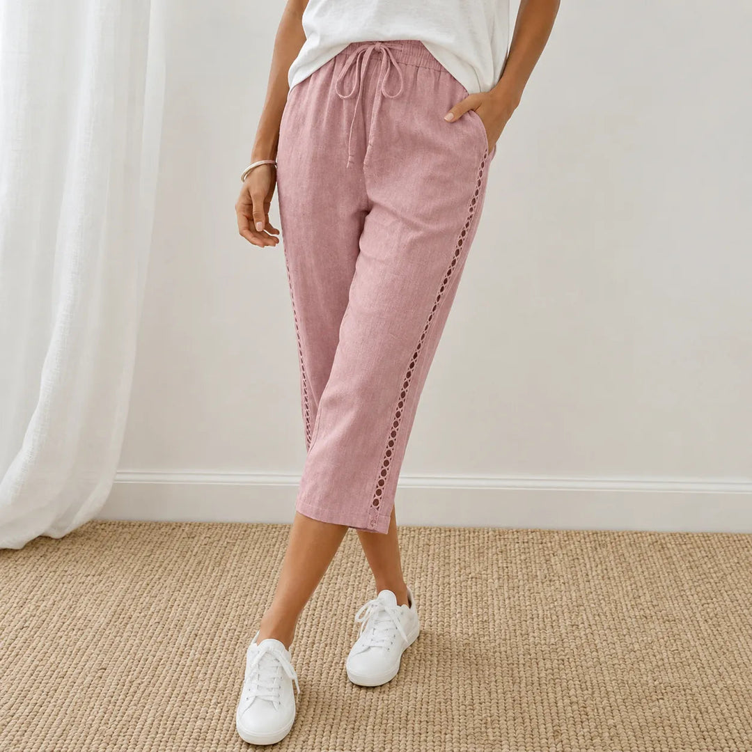 Loravie – Eyelet Trim Cotton-Linen-like Capri Pants with Drawstring Waist