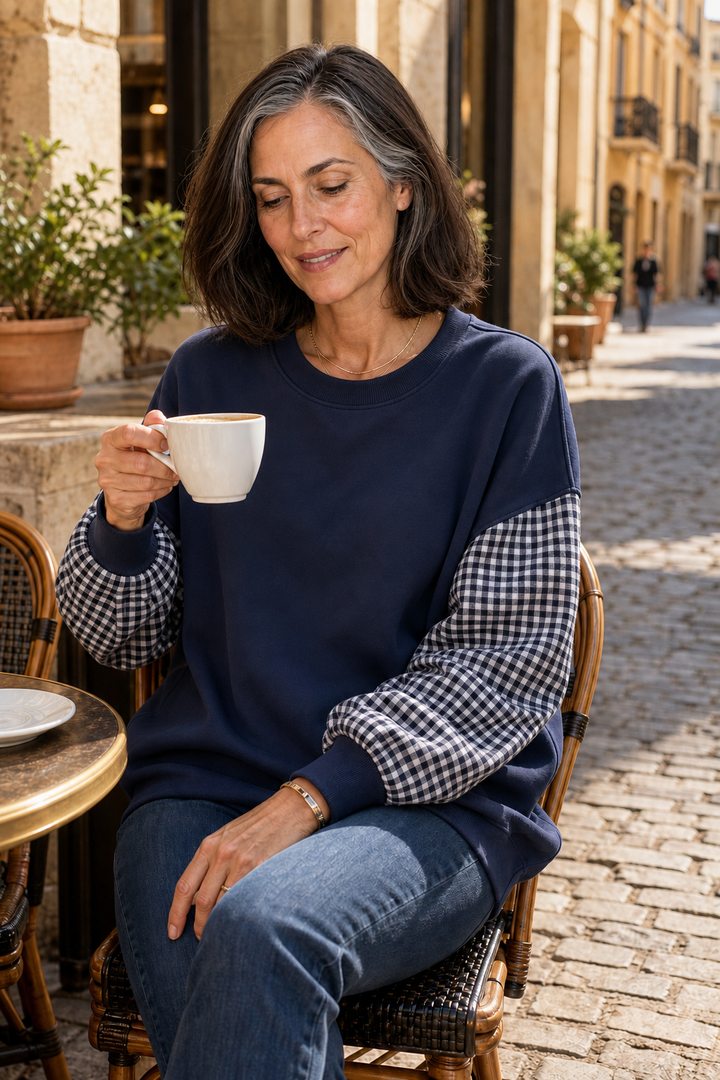 Blockline – Patchwork Plaid Loose Crew Neck Top