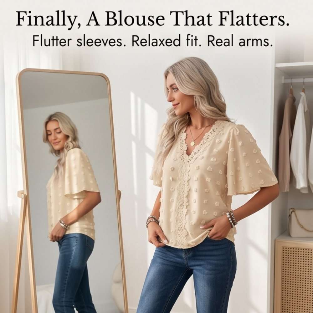 Florenza™ Jacquard Crochet-Lace V-Neck Blouse