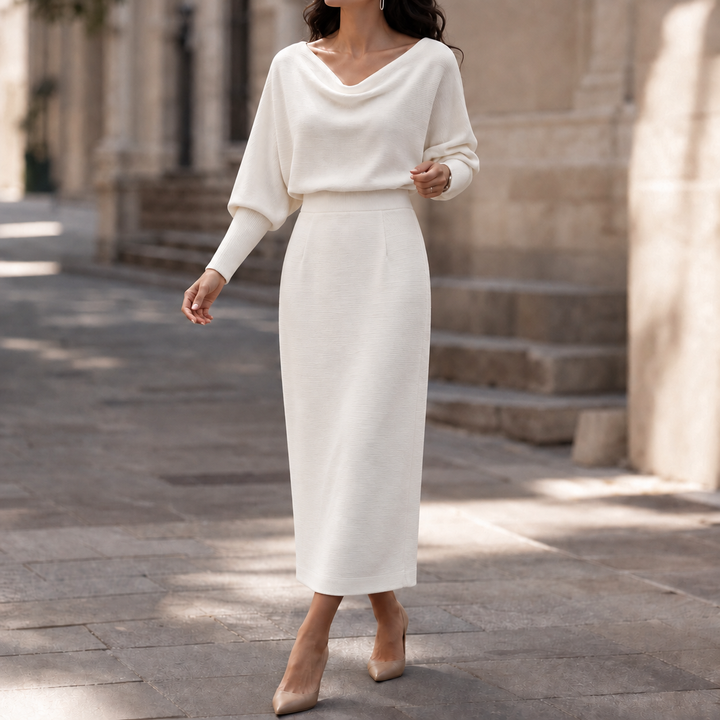 Wearbella – Ribbed Draped Top And Midi Skirt Set