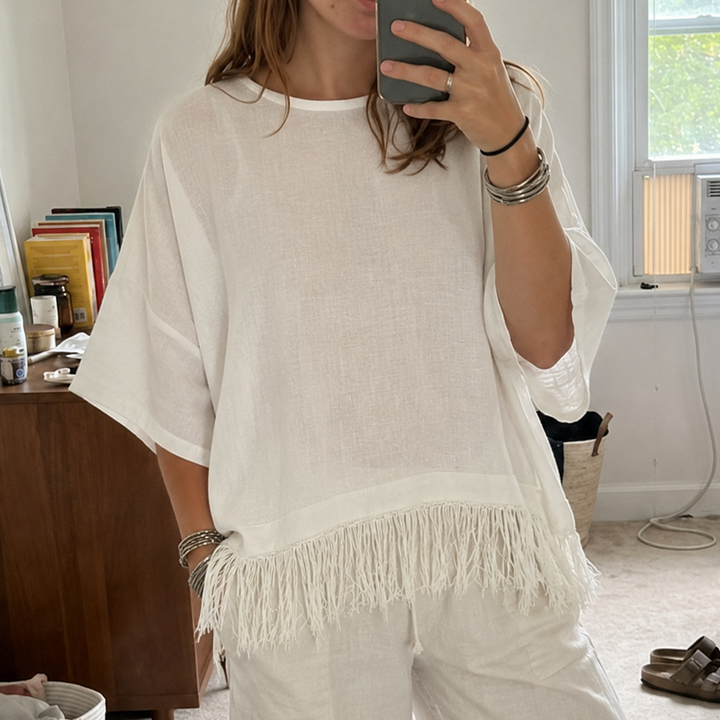 Wovelle – Fringed Hem Boxy Drop-Shoulder Blouse