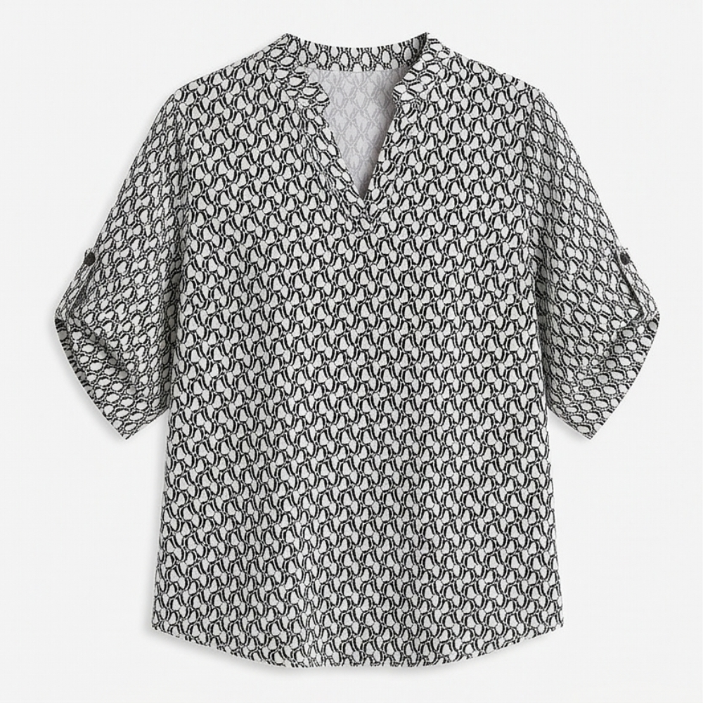 Lunavia™ Geometric V-Neck Blouse with Roll-Tab Sleeves