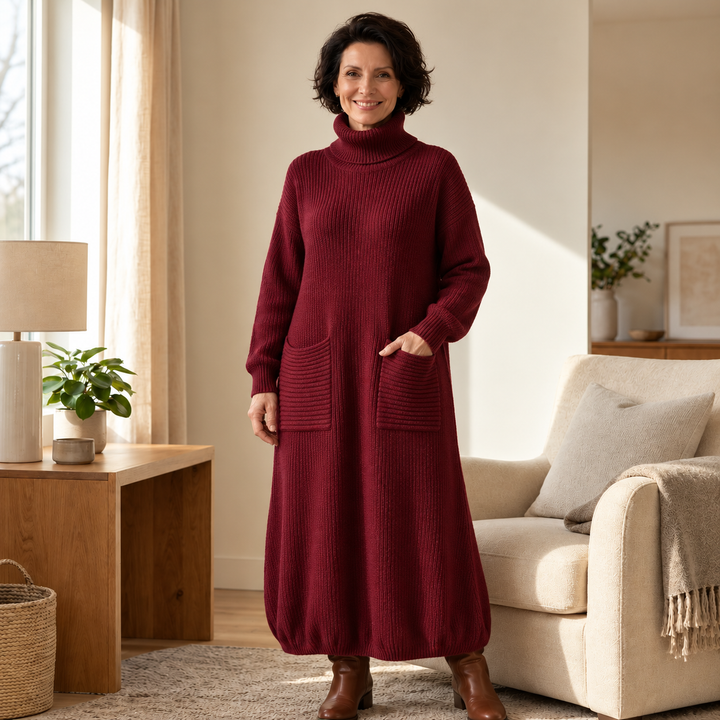 Velara – Women's Relaxed Turtleneck Sweater Dress with Pockets
